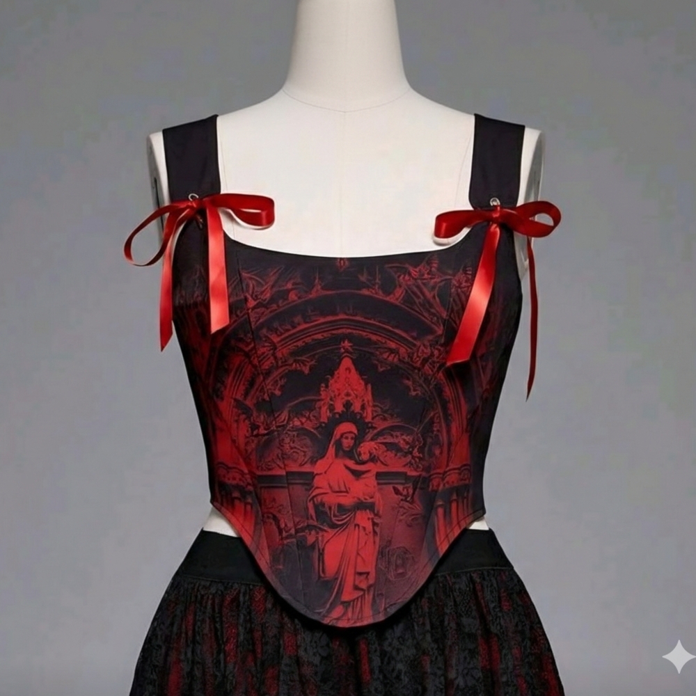 Dolls Kill Black and Red Gothic Graphic Tie-Shoulder Corset Top - Picture 2 of 6